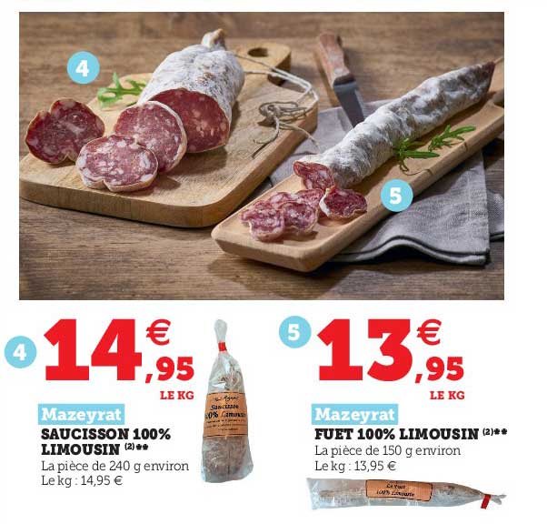 saucisson 100% limousin mazeyrat, fuet 100% limousin mazeyrat