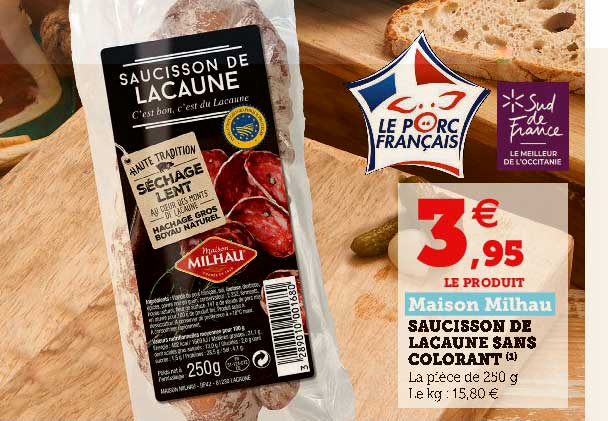 saucisson de lacaune sans colorant maison milhau