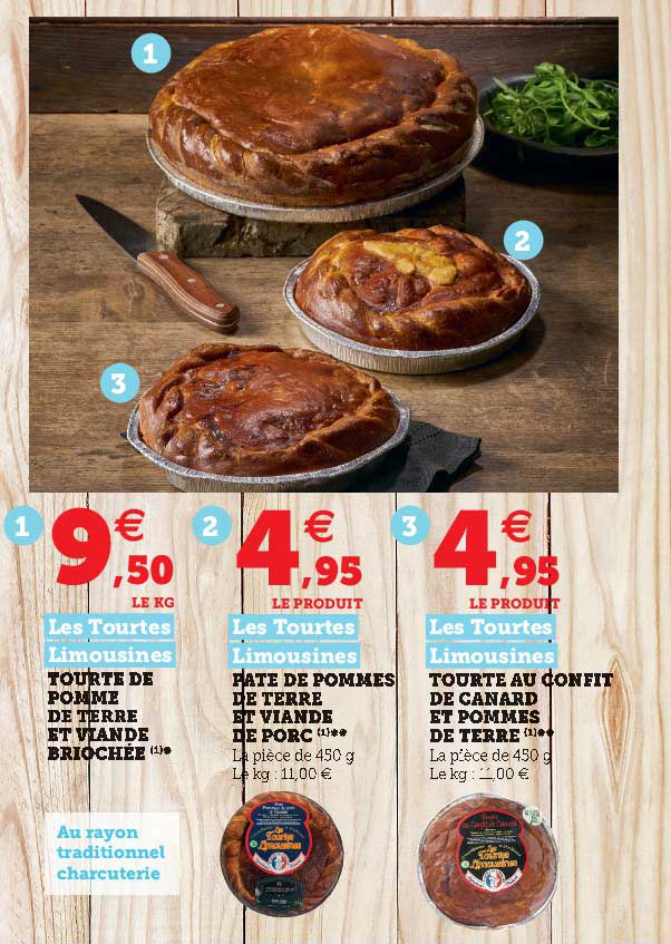tourte de pomme de terre et viande briochée, pâté de pommes de terre et viande de porc, tourte au confit de canard et pommes de terre les tourtes limousines