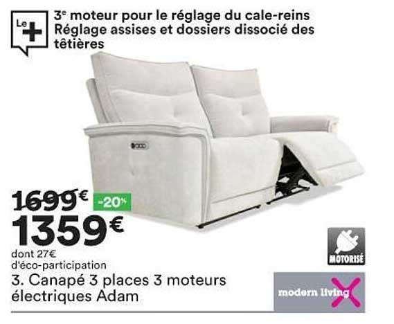 canapé 3 places 3 moteurs électriques adam