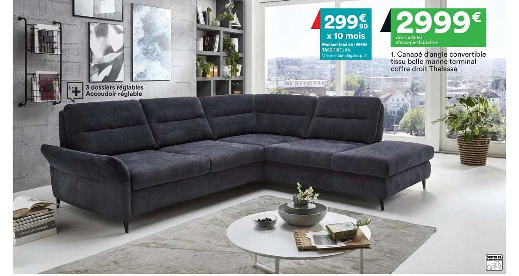 canapé d'angle convertible tissu belle marine terminal coffre droit thalassa