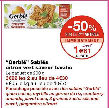 "gerblé" Sablés Citron Vert Saveur Basilic