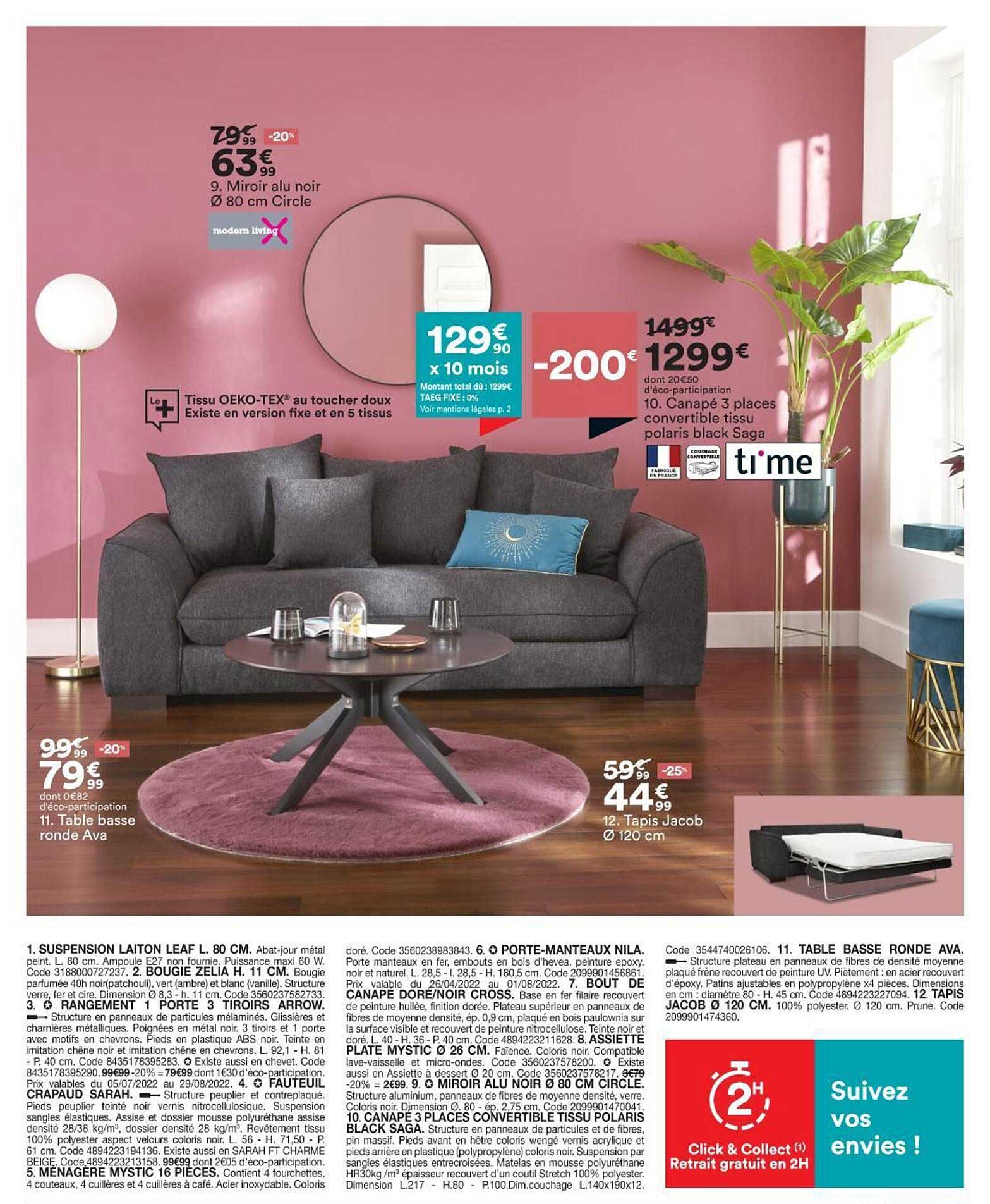 miroir alu noir circle, canapé 3 places convertible tissu polaris black saga, table basse ronde ava, tapis jacob