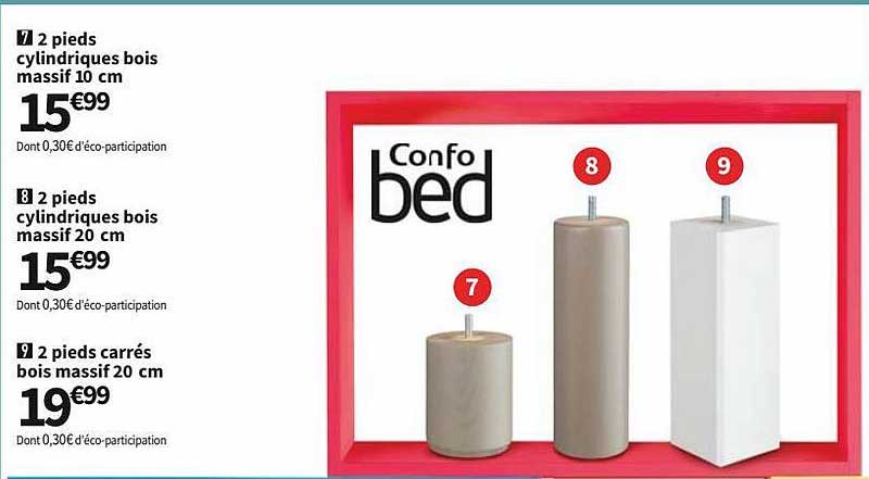 2 pieds cylindrique bois massif 10 cm, 2 pieds cylindriques bois massif 20 cm, 2 pieds carrés bois massif 20 cm