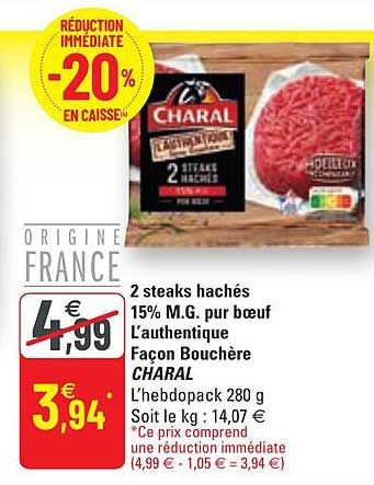 2 steaks hachés 15% m.g. pur boeuf l'authentique façon bouchère charal