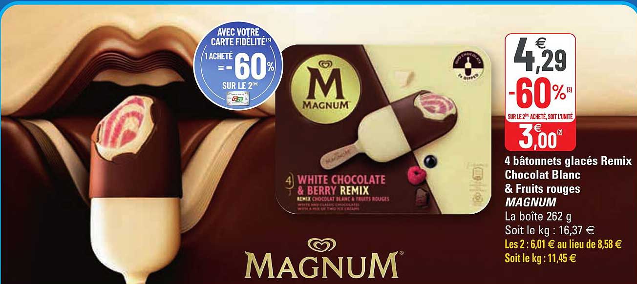 4 Bâtonnets Glacés Remix Chocolat Blanc & Fruits Rouges Magnum