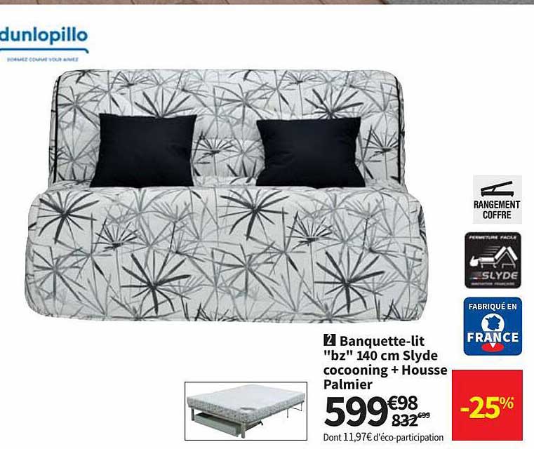 banquette-lit "bz" 140 cm slyde cocooning + housse palmier