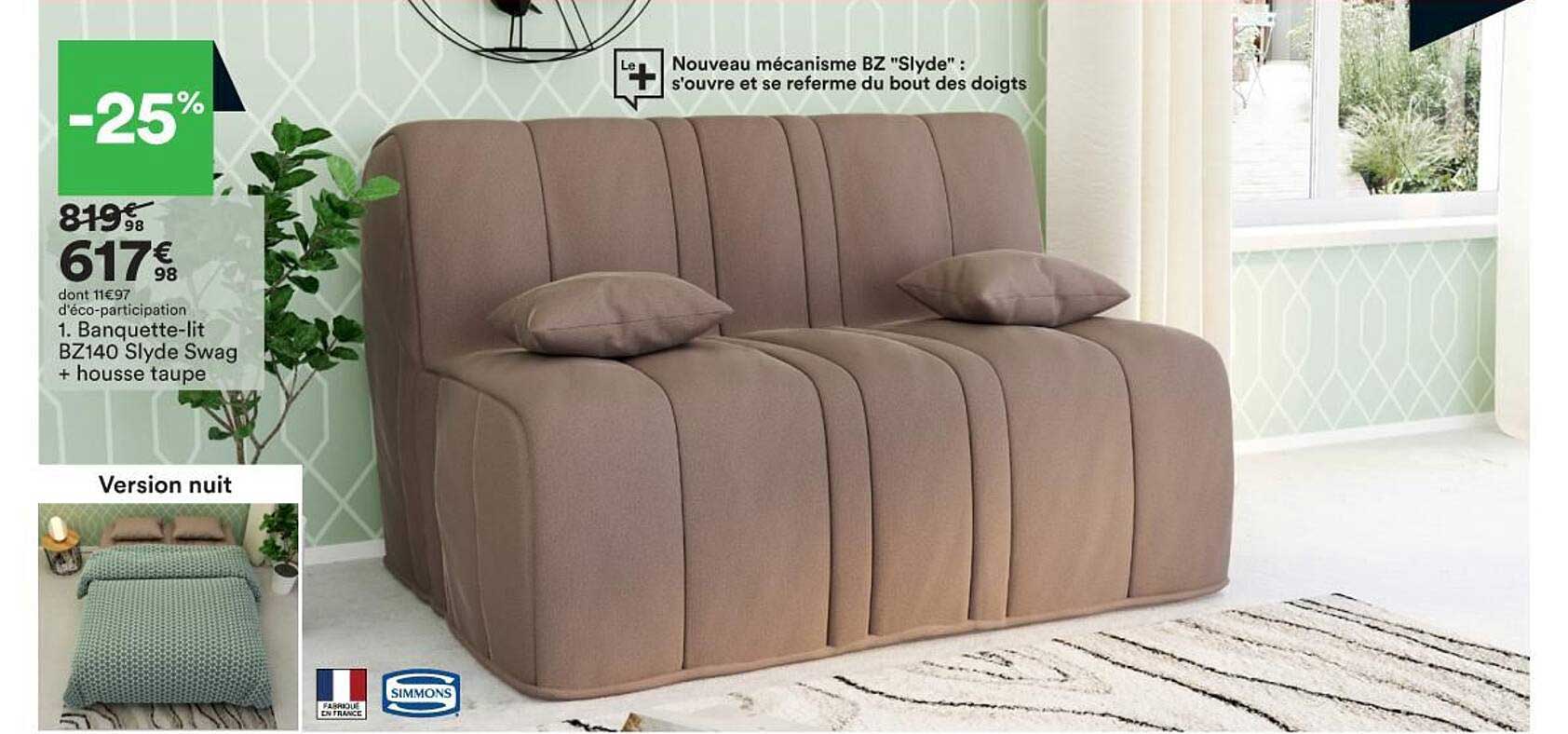 banquette-lit bz140 slyde swag + housse taupe simmons