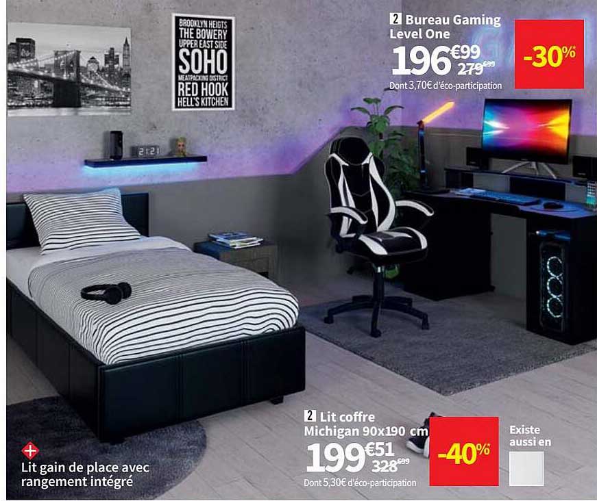 bureau gaming level one, lit coffre michigan 90 x 190 cm