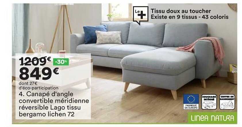 canapé d'angle convertible méridienne réversible lago tissu bergamo lichen 72