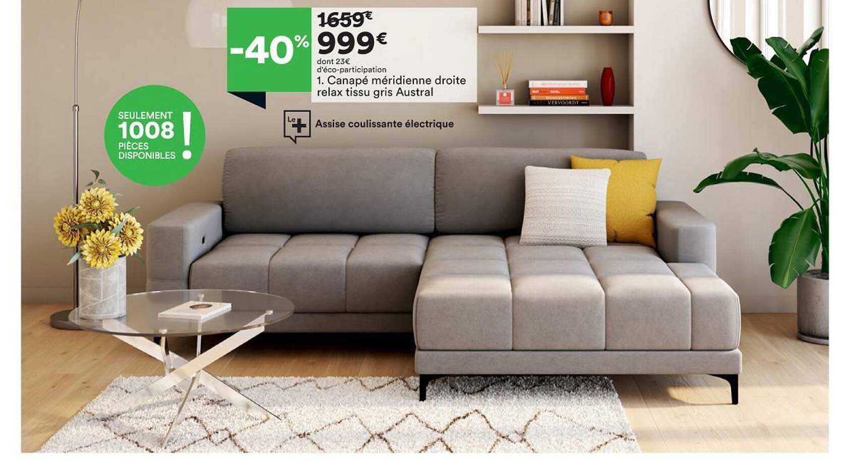 canapé méridienne droite relax tissu gris austral