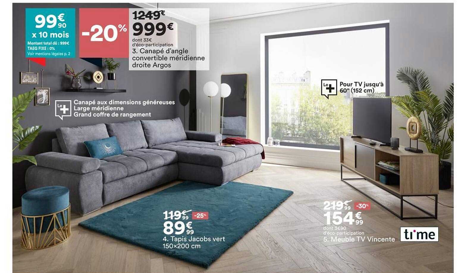 canapés d'angle convertible méridienne droite argos, tapis jacobs vert, meuble tv vincente