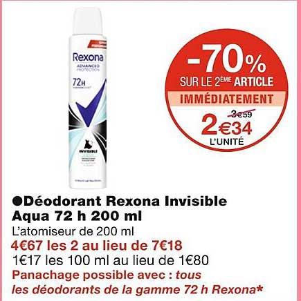 déodorant rexona invisible aqua 72 h 200ml