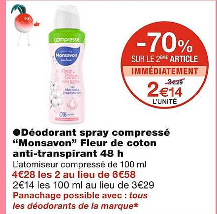 déodorant spray compressé "monsavon" fleur de coton anti-transpirant 48 h