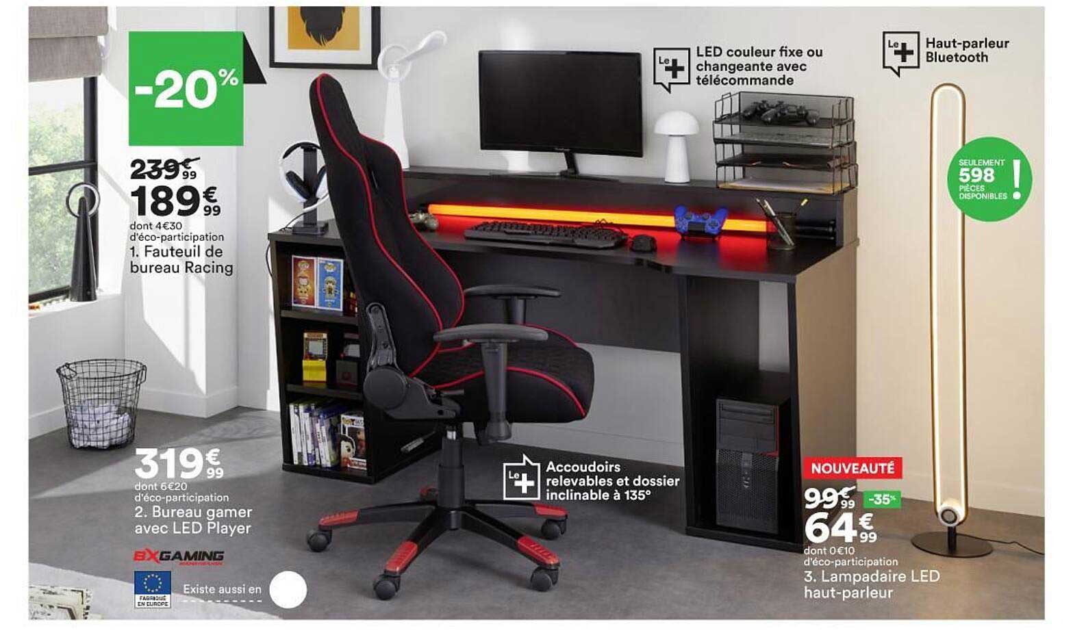 fauteuil de bureau racing, bureau gamer avec led player, lampadaire led haut-parleur