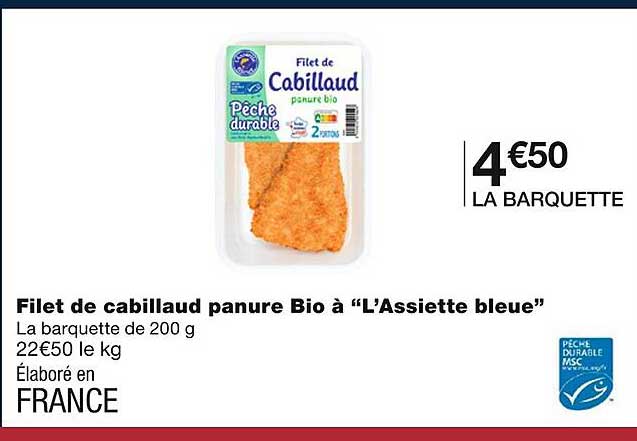 filet de cabillaud panure bio à "l'assiette bleue"