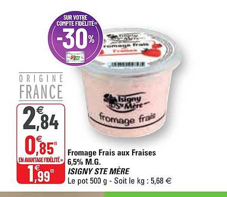 fromage frais aux fraises 6,5% m.g. isigny ste mère
