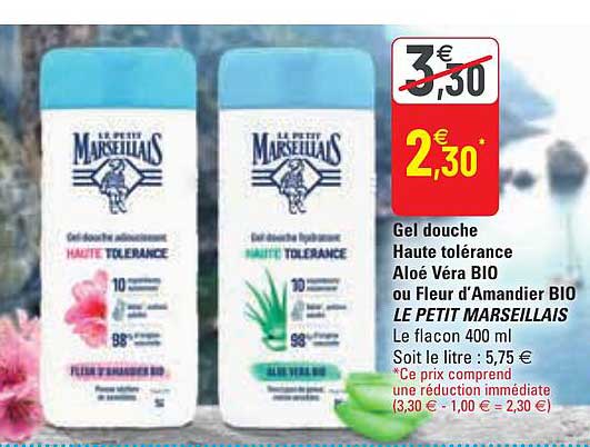 gel douche haute tolérance aloé vera bio ou fleur d'amandier bio le petit marseillais