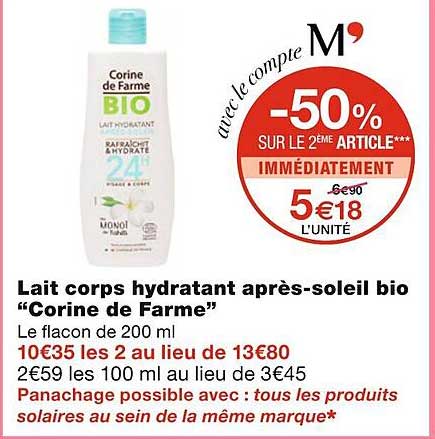 lait corps hydratant après-soleil bio "corine de farme"
