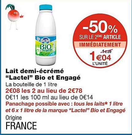 lait demi-écrémé "lactel" bio et engagé