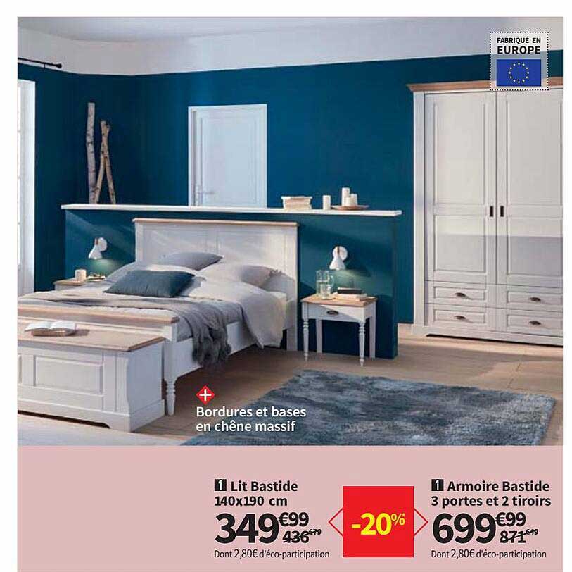 lit bastide 140 x 190 cm , armoire bastide 3 portes et 2 tiroirs