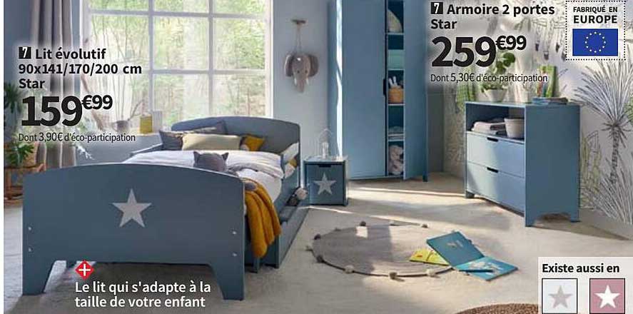 lit évolutif 90 x 141-170-200 cm, armoire 2 portes star