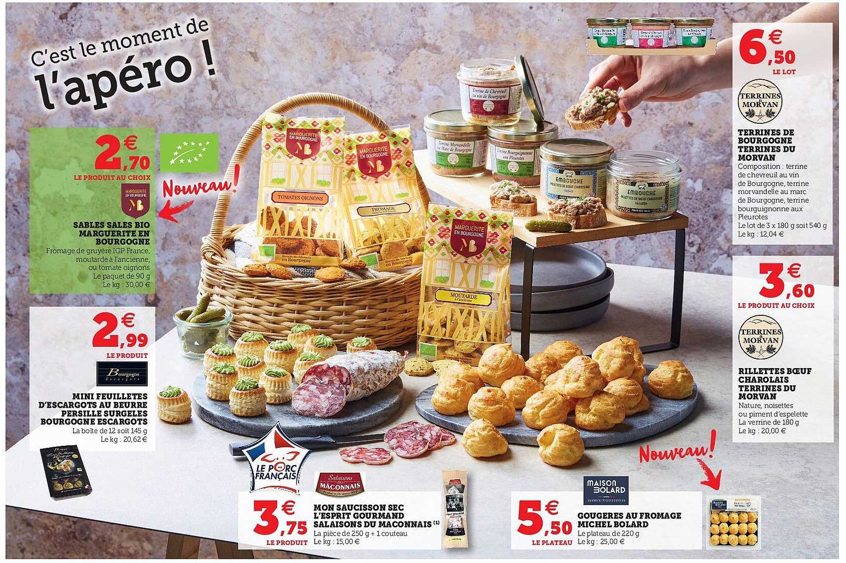 mini feuilletés d'escargots au beurre persillé surgelés bourgogne escargots, sablés salés bio margerite en bourgogne, mon saucisson sec l'esprit gourmand salaisons du maconnais, gougères au fromage