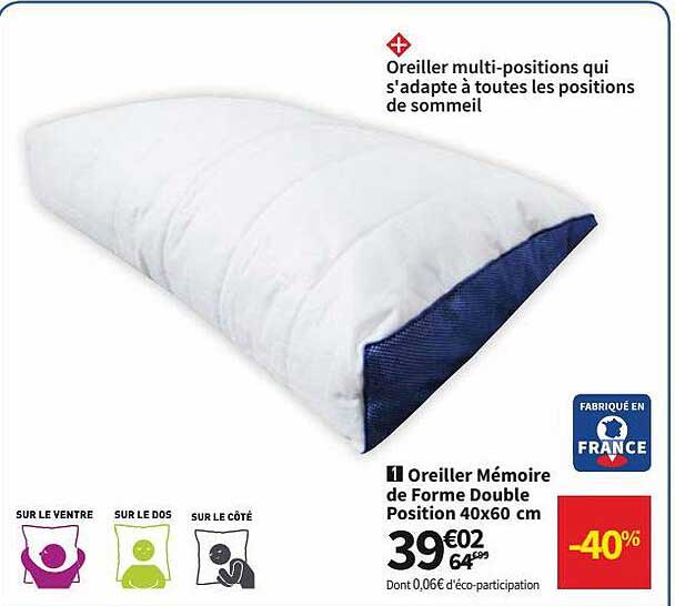 oreiller mémoire de forme double position 40 x 60 cm