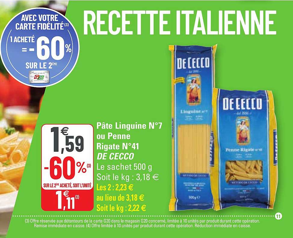 pâte linguine n°7 ou penne rigate n°41 de cecco