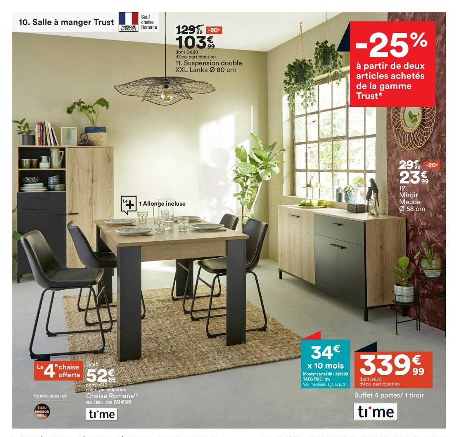 suspension double xxl lanka, chaise romane time, buffet 4 portes-1 tiroir time, miroir maude