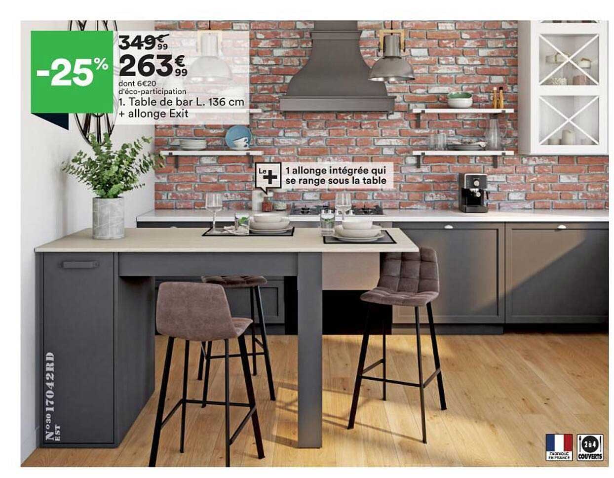 table de bar l. 136 cm + allonge exit