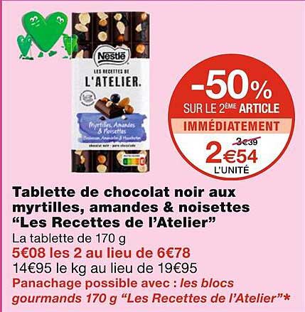 tablette de chocolat noir aux myrtilles, amandes & noisettes "les recettes de l'atelier"