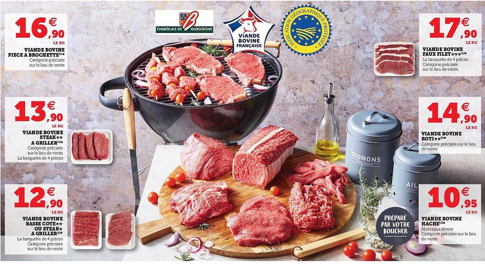 viande bovine pièce à brochette, viande bovine steak**à griller, viande bovine basse côte**ou steak*à griller, viande bovine faux filet***, viande bovine rôti**, viande bovine haché