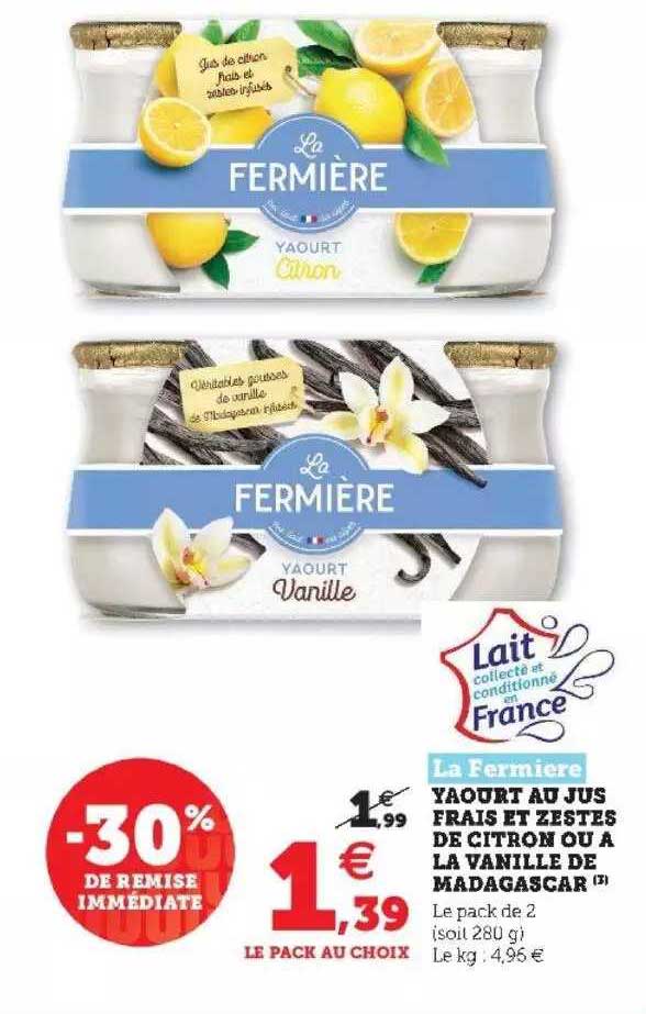 yaourt au jus frais et zestes de citron ou à la vanille de madagascar la fermière