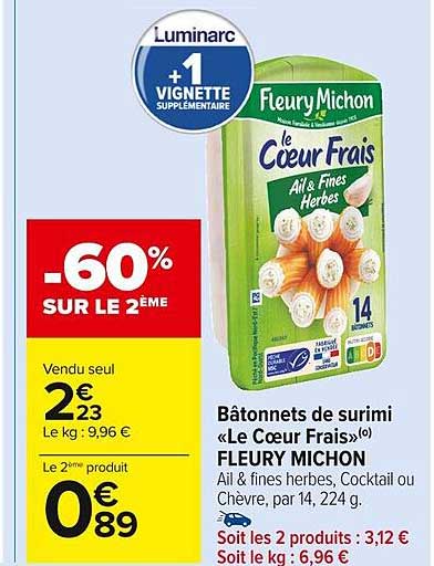 bâtonnets de surimi «le cœur frais» fleury michon