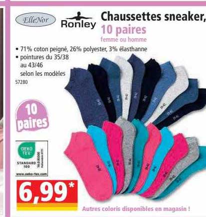 chaussettes sneaker, 10 paires femme ou homme elleNor, ronley