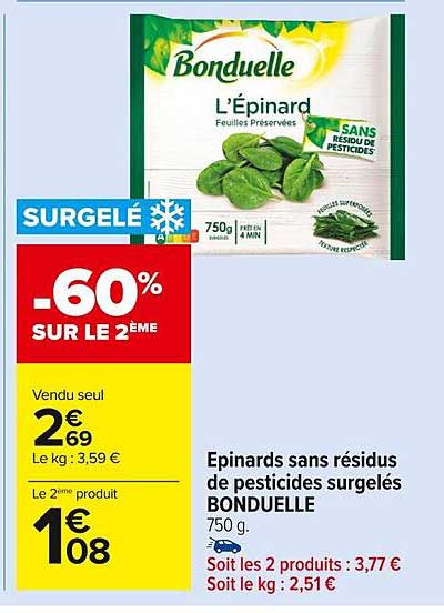 épinards sans résidus de pesticides surgelés bonduelle