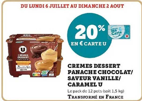 Crèmes Dessert Panache Chocolat / Saveur Vanille / Caramel U