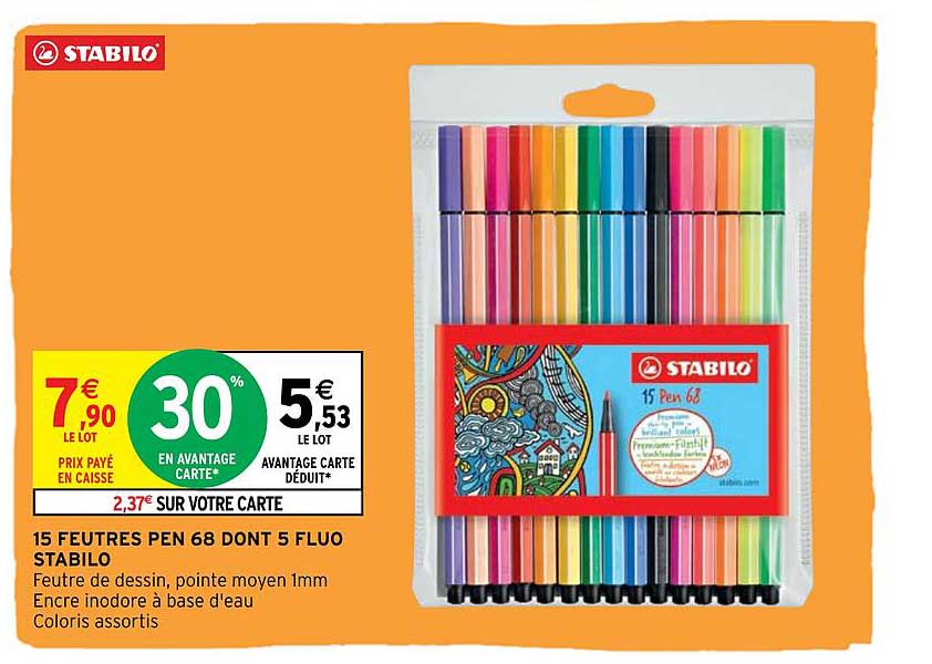 15 feutres pen 68 dont 5 fluo stabilo