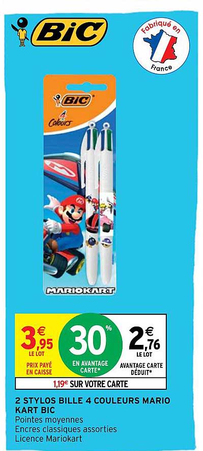 2 stylos bille 4 couleurs mario kart bic