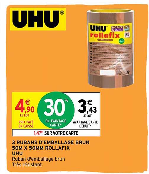 3 rubans d'emballage brun 50 m x 50 mm rollafix uhu