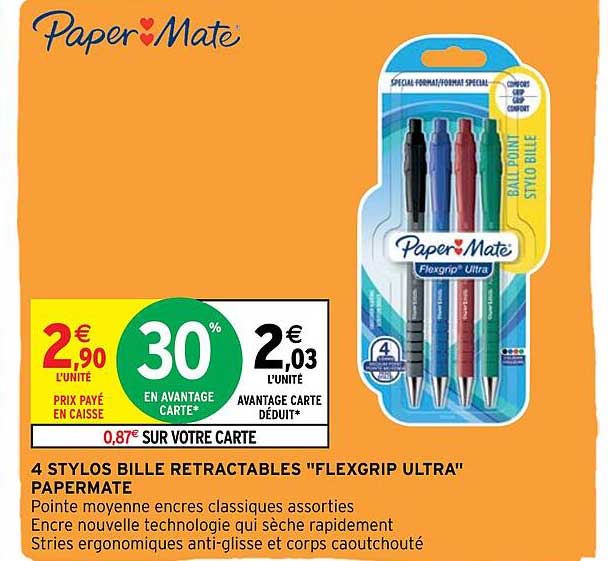 4 stylos bille rétractables "flexgrip utra" papermate