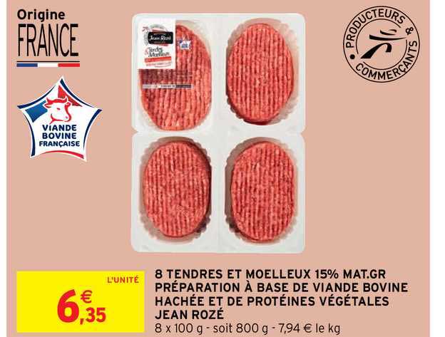 8 tendres et moelleux 15% mat. gr. préparation à base de viande bovine hachée et de protéines végétales jean rozé