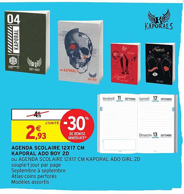 agenda scolaire 12 x 17 cm kaporal ado boy 2d