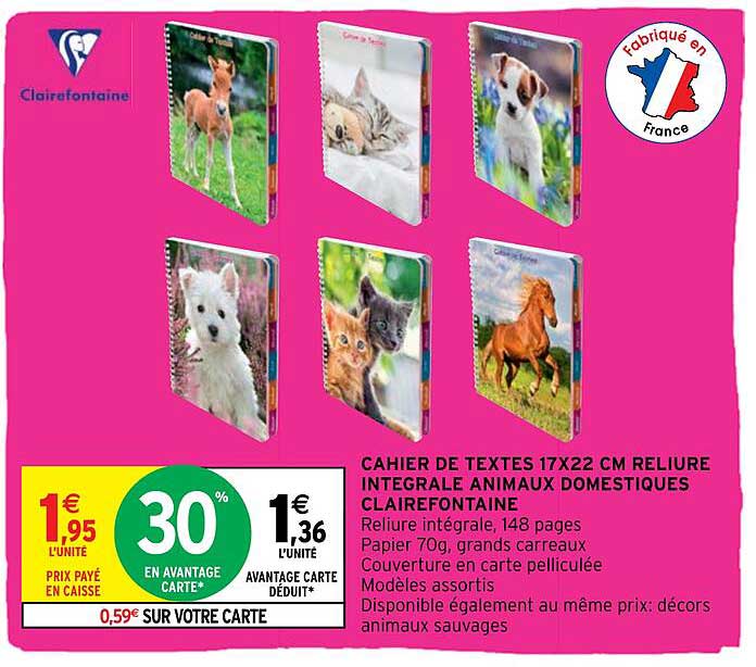 cahier de textes 17 x 22 cm reliure intégrale animaux doméstiques clairefontaine