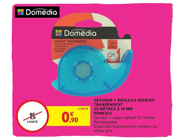 dévidoir + rouleau adhésif transparent 25 mètres x 19 mm domédia