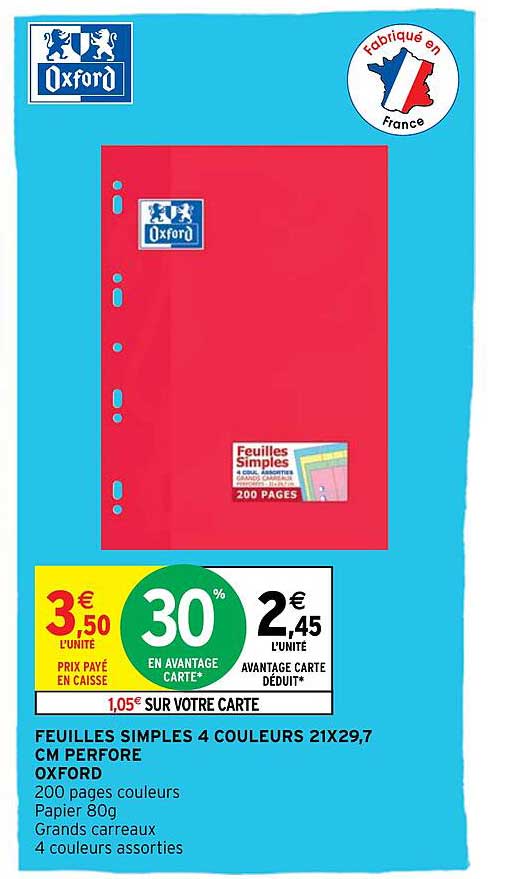 Feuilles Simples 4 Couleurs 21 X 29,7 Cm Perforé Oxford
