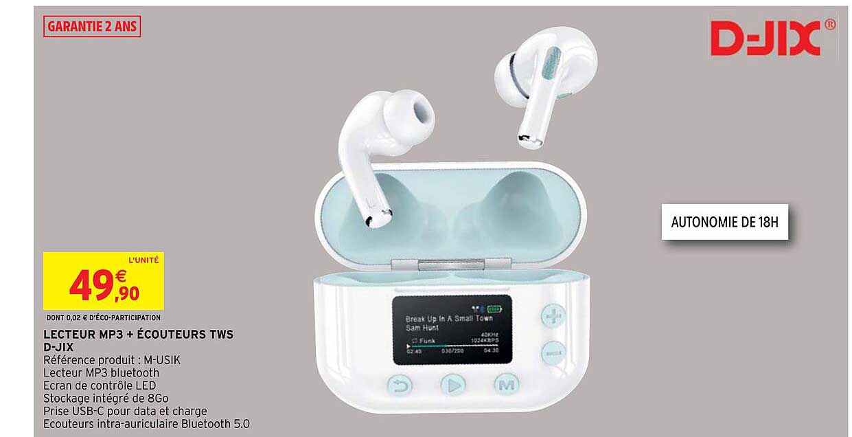 lecteur mp3 + écouteurs tws d-jix