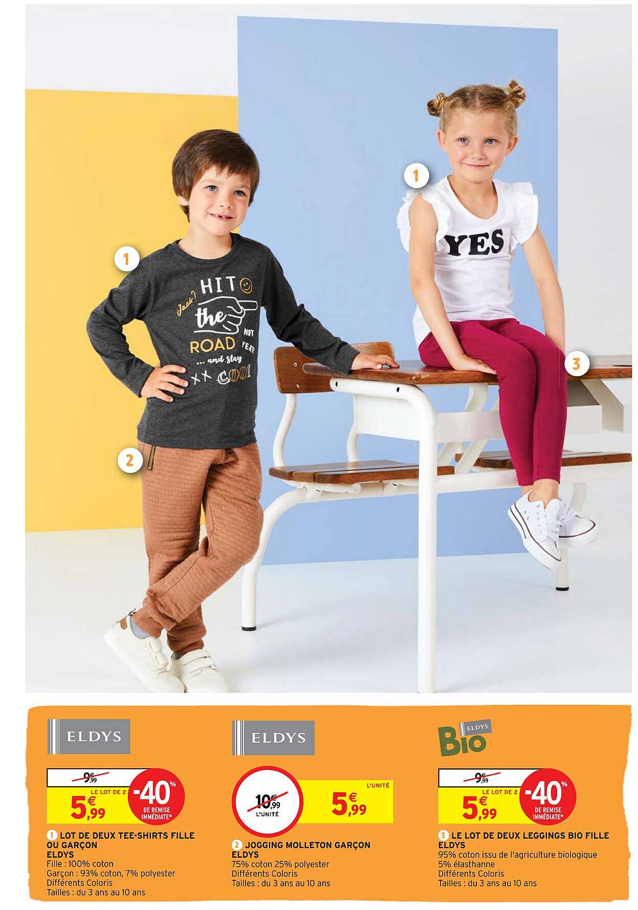 lot de deux tee-shirts fille ou garçon eldys, jogging molleton garçon eldys, le lot de deux leggings bio fille eldys