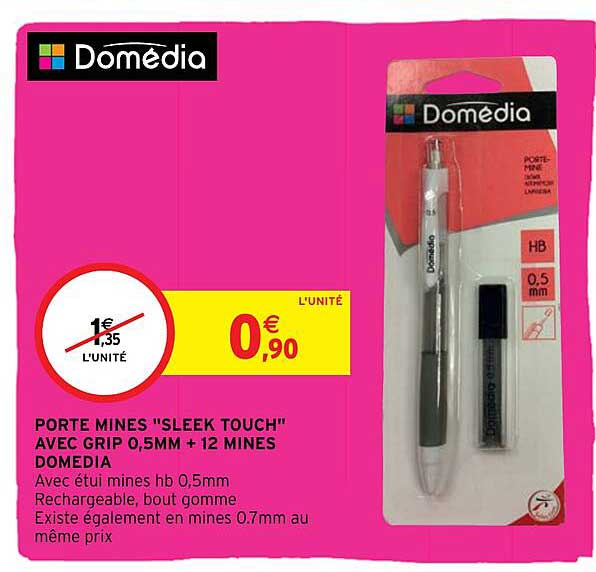 porte mines "sleek touch" avec grip 0,5 mm + 12 mines domédia